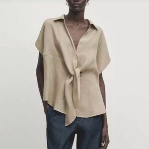 Massimo Dutti Taupe Beige Tie Front Linen Blouse Size M
